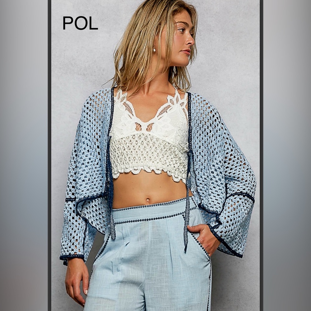 BP221-2💙POL pretty Light Blue Crochet Cardigan with navy tie detail. Perfect!